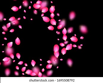 Crimson magic petals blowing by wind over black background. Apricot spring tree blossom parts confetti. Flower petals vector illustration for wedding decoration. Seasonal wallpaper.