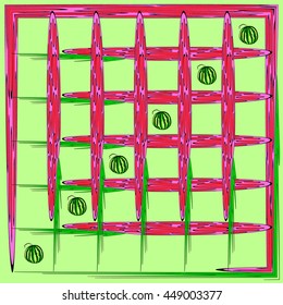Crimson net. Watermelons in the grid of the raspberry for the background or pattern