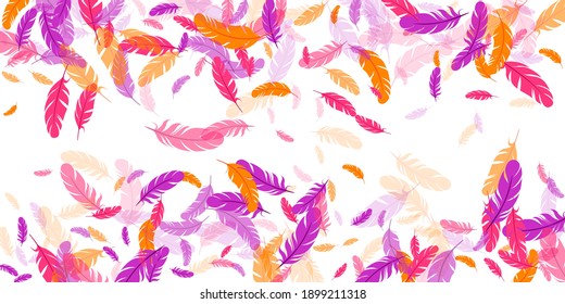 Crimson orange purple feather floating vector background. Flying bird plumage pattern. Colorful fluffy soft plumage, feather floating  silhouettes. Macro graphic design. Vivid boa hackle.