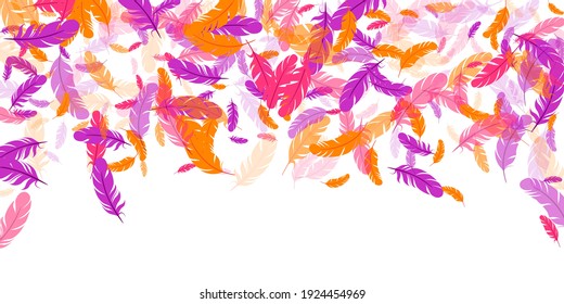 Crimson orange purple feather floating vector background. Flying bird plumage pattern. Colorful fluffy soft plumage, feather floating  silhouettes. Close up graphic design. Airy boa hackle.