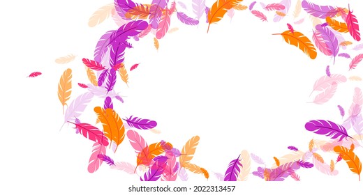 Crimson orange purple feather floating vector background. Flying bird plumage pattern. Parrot plumage, feather floating  silhouettes. Macro graphic design. Vivid boa hackle.