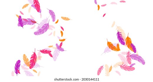 Crimson orange purple feather floating vector background. Falling down bird plumage pattern. Parrot plumage, feather floating  silhouettes. Macro graphic design. Bright boa hackle.