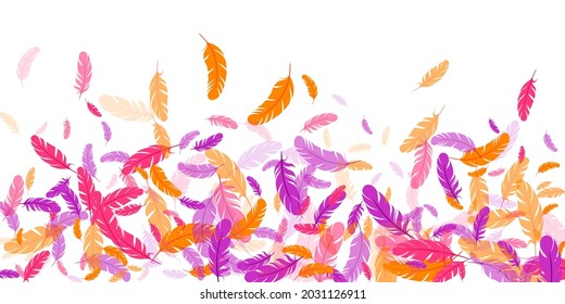 Crimson orange purple feather floating vector background. Flying bird plumage illustration. Weightless soft plumage, feather floating  isolated. Macro graphic design. Airy boa hackle.