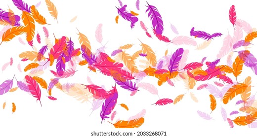 Crimson orange purple feather floating vector background. Flying bird plumage illustration. Abstract fluffy soft plumage, feather floating  silhouettes. Macro graphic design. Bright boa hackle.