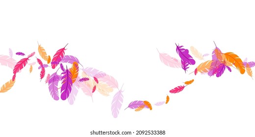 Fondo vectorial flotante de plumas moradas de color naranja carmesí. Patrón de plumaje de aves voladoras. Pluma de loro, siluetas flotantes de plumas. Cerrar el diseño gráfico. Hackle de boa.