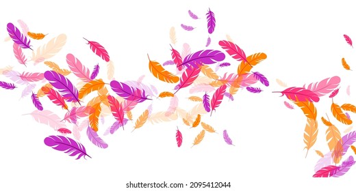 Crimson orange purple feather floating vector background. Flying bird plumage illustration. Colorful fluffy soft plumage, feather floating  silhouettes. Close up graphic design. Airy boa hackle.