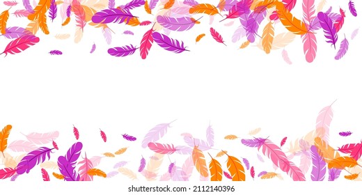 Crimson orange purple feather floating vector background. Falling down bird plumage pattern. Parrot plumage, feather floating  silhouettes. Close up graphic design. Airy boa hackle.