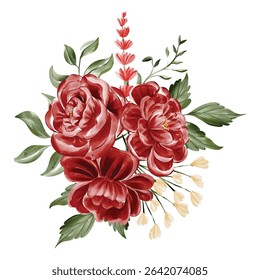 Crimson Peonies and Delicate Accents: Watercolor Floral Bouquet