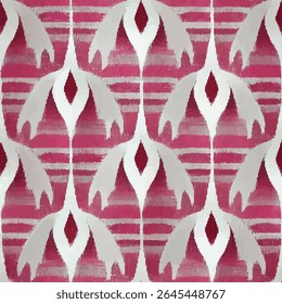 Tecido com padrão rosa e branco carmesim com padrão ikat simétrico. linhas grunge, padrão sem emenda ikat, fundo de ilustração vetor para imprimir o papel.