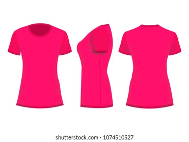 Crimson / pink woman's t-shirt with short sleeve. Front, back, side view. Isolated on white background. Vector illustration, EPS10.