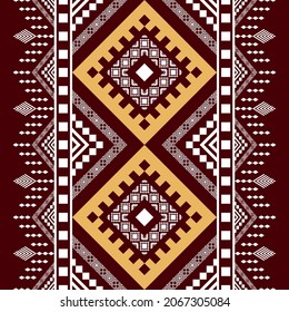 Crimson red Gold Geometric ethnic oriental seamless pattern thai traditional Design for background,carpet,wallpaper,clothing,wrapping,Batik,fabric,Vector illustration.embroidery style