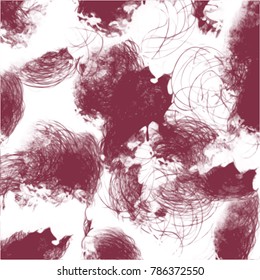 crimson red watercolor scribble pattern with big flat colored blotches and curved thin lines on white background, vector illustration
