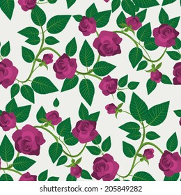 Crimson roses seamless pattern. Decorative textile background with roses and green veiny leaves. Retro floral composition. Use it for printing, fabrics, paper or scrap booking. Vector EPS8.