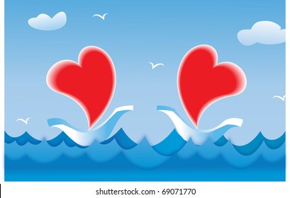 Crimson sails/Two red hearts against the sea
