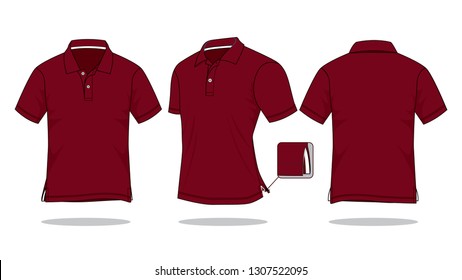 Crimson Short Sleeve Polo Shirt With Side Vans Hem Design Vector On White Background.Front, Perspective and Back View.