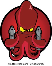 Crimson squid on a circle background. Squid in tentacles holds pistols. Background excluded