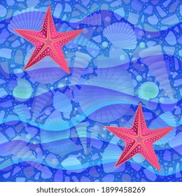 Crimson starfish on rocky sea bottom with various seashells under blue waves. Seamless marine background. Print for fabric.