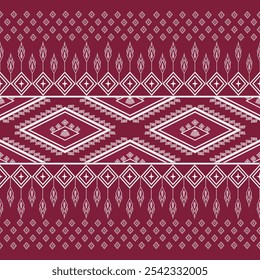 Crimson Tapestry of Elegance: A Delicate Handwoven Thai Silk Exhibiting Intricate Geometric Patterns in Soft White Hues Against a Rich Burgundy Background