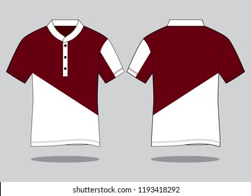 Crimson-White Short Sleeve Polo Shirt With Stand Up Collar Design on Gray Background.Front and Back View.