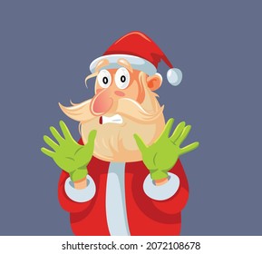Cringe Face Santa Claus Refusing and Denying Vector Cartoon. Funny Father Christmas denying accusation making stop hand gesture
