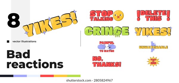 Cringe and yikes internet reaction illustration set. Trendy social media buzzwords. Viewer dissatisfaction. Sarcastic expressions. Gen z slang word overlay pack. Cartoon 2D vector graphics isolated