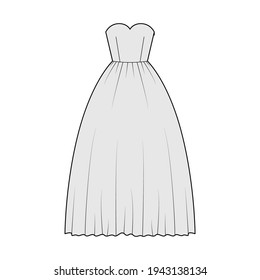 Crinoline dress technical fashion illustration with strapless sweetheart neckline, long floor length, full skirt. Flat apparel template front, grey color style. Women, men unisex CAD mockup