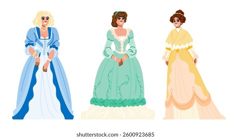 crinoline victorian woman outfit  vector.  bustle bonnet, gloves parasol, brooch shawl crinoline victorian woman outfit character. people flat cartoon illustration