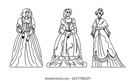 crinoline victorian woman outfit vector. bustle bonnet, gloves parasol, brooch shawl crinoline victorian woman outfit character. people black line pencil drawing illustration