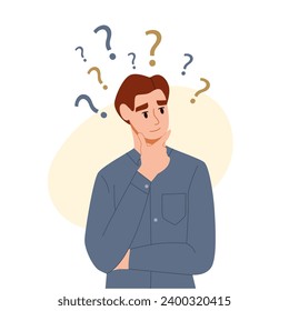 Crious Man. Doubt Concept. Male Character Makes a Decision. Flat Vector Illustration Isolated on White Background.