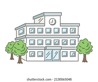 Arte crip de construcción escolar con árboles, ilustración vectorial