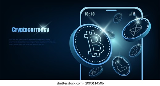 Cripto currency, Bitcoin Crypto on Mobile.Bitcoin currency. Crypto coin with growth graph. International stock exchange. Bitcoin uptrend