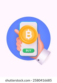 Cripto currency, Bitcoin Crypto on Mobile.Bitcoin currency. Crypto coin with growth graph. 3D Web Vector Illustrations. 