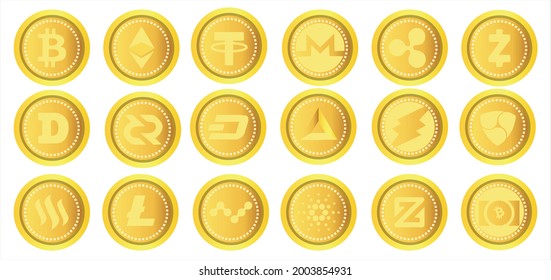 Monedas cristales. Monero, etéreo, Bitcoin, Binance, ilustración de Cardano, finanzas, en línea - Logo del vector, conjunto de monedas