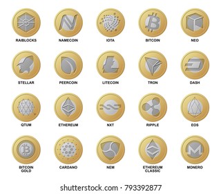 Cripto currency logo coins. Different gold silver coins blockchain cryptocurrencies collection for buying and trading network. Set of digital money for apps, websites. Realistic vector illustration.