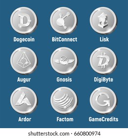 Cripto currency logo coins: GameCredits, Factom, Ardor, DigiByte, Augur, Lisk, BitConnect, Dogecoin, Gnosis. Silver vector set for apps and websites.