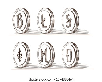 Cripto currency logo coins: Monero, Bytecoin, Dash, Litecoin, Ethereum, Bitcoin. Vector set for apps and websites Handdrawn graphics