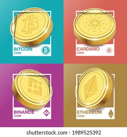 Monedas con el logo de la moneda de Cripto. Monero, Eéreo, Bitcoin, Binance, Cardano. Vector