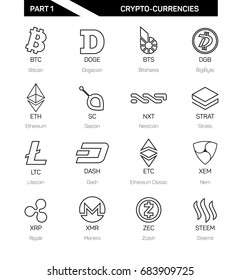 Cripto currency logo set: Bitcoin, Litecoin, Ripple, Zcash, Monero, Nextcoin, Siacoin, Dogecoin, Bitshares, BigiByte, Dash, Nem, Steemit, Ethereum, Ethereum Classic. Vector set for apps and websites