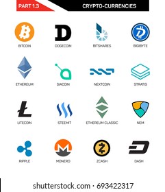 Conjunto de logotipos de monedas de Cripto: Bitcoin, Litecoin, Ripple, Zcash, Monero, Nextcoin, Siacoin, Dogecoin, BigiByte, Dash, Stratis, Nem, Steemit, Ethereum, Ethereum Classic. Conjunto de vectores para aplicaciones y sitios web