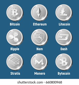 Monedas de plata con el logo en moneda cripto: Monero, Bytecoin, Stratis, Dash, Litecoin, Nem, Ripple, Ethereum, Bitcoin. Conjunto de vectores para aplicaciones y sitios web