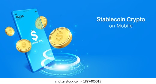 Cripto Currency, Stablecoin Crypto On Mobile. Banner Vector