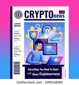 Criptocoins mining trading blockchain network maintaining computer software everything about cryptocurrency crypto news magazine cover vector illustration 