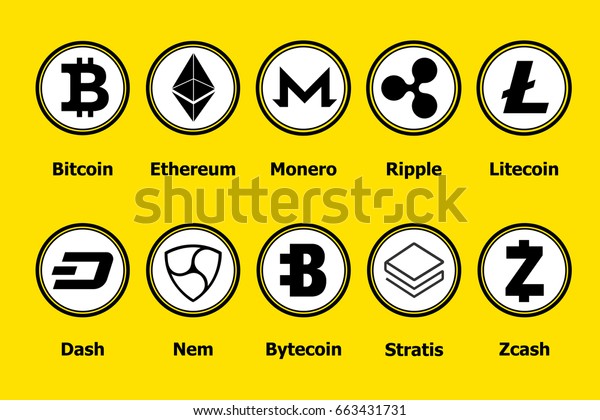 黄色い背景にクリプトカレンシーのブロックチェーンアイコン 仮想通貨を設定します ベクター取引記号 Bitcoin Ethereum Monero Ripple Litecoin Dash のベクター画像素材 ロイヤリティフリー