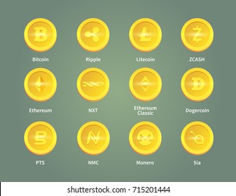 Criptocurrency blockchain vector icons. Set of gold coins. Bitcoin, ripple, litecoin, zcash, ethereum, nxt, ethereum classic, dogercoin, pts, nmc, monero, sia.