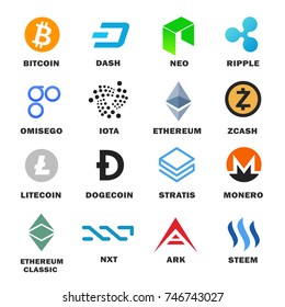 Criptocurrency icon set. Main cryptocurrencies and altcoins collection for buying and trading network. Vector flat style cartoon illustration isolated on white background