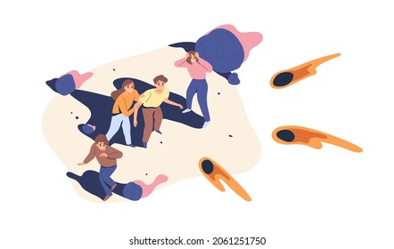 Crisis and bad luck concept. Team of people attacked by falling asteroids, troubles and problems. Men and women in panic, stress from adversities. Flat vector illustration isolated on white background