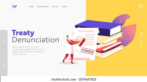 Crisis, Bankruptcy or Cancellation Landing Page Template. Woman with Stamp for Terminated Agreement, Tiny Female Character near Huge Contract Document and Folders Pile. Cartoon Vector Illustration