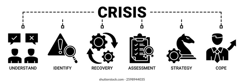 Crisis banner web icon vector concept illustration containing of understand, identify, recovery, assessment, strategy, and cope icons. Solid color vector symbol background.