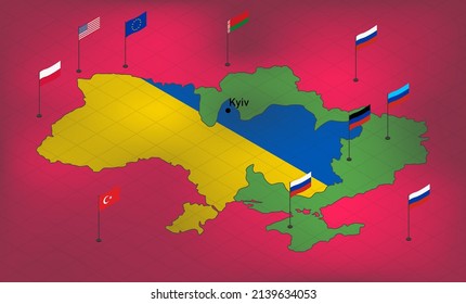 Crisis between Russia and Ukraine. Flags of countries against the background of captured or liberated territories. Kyiv is surrounded. Isometric vector. Political negotiations and peace 