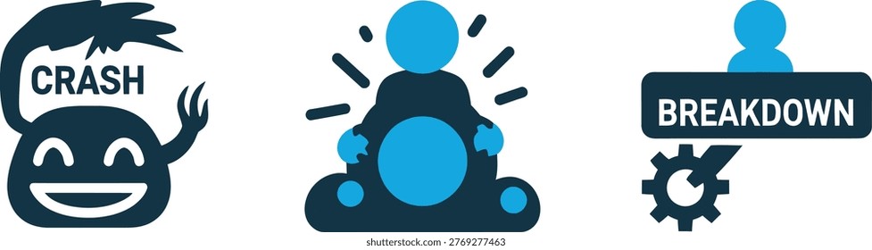 Crisis and breakdown icons: crash meltdown system failure with breakdown meltdown illustration minimalist silhouette expression overload technology business organization management accident